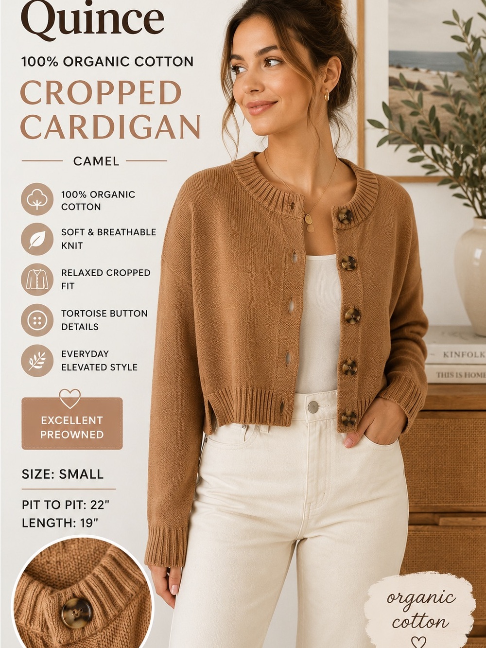 Quince 100% Organic Cotton Cropped Cardigan Camel Brown Size Small
